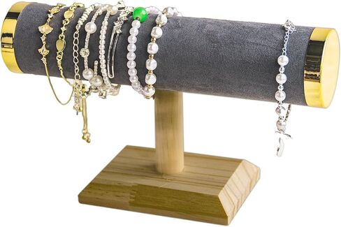 Elegant T-Bar Bracelet Display, Gray Suede & Gold Accents on Oak Wood Base, Compact Organizer for Home & Retail in Kuwait