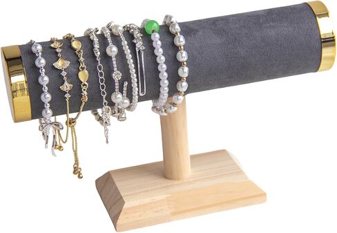 Elegant T-Bar Bracelet Display, Gray Suede & Gold Accents on Oak Wood Base, Compact Organizer for Home & Retail in Kuwait