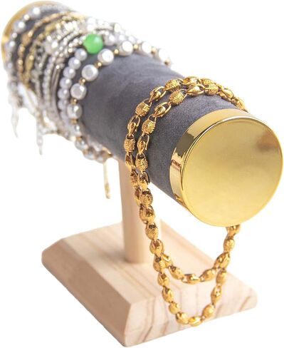 Elegant T-Bar Bracelet Display, Gray Suede & Gold Accents on Oak Wood Base, Compact Organizer for Home & Retail in Kuwait