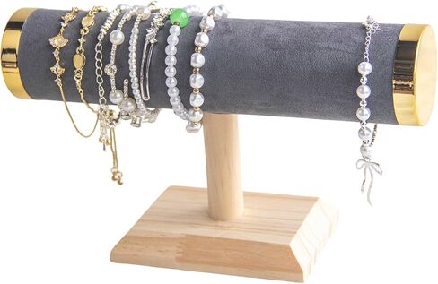 Elegant T-Bar Bracelet Display, Gray Suede & Gold Accents on Oak Wood Base, Compact Organizer for Home & Retail in Kuwait