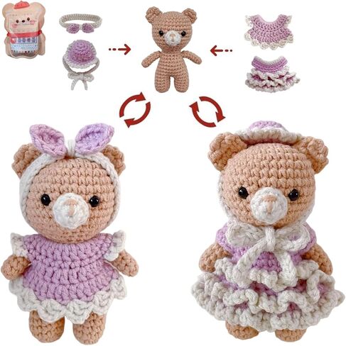 طقم Crochet Loopmap للمبتدئين-DIY Amigurumi Bear مع فستان وملحقات قابلة للإزالة ، دروس فيديو خطوة بخطوة ، غزل إضافي ، أدوات الكروشيه ، هدية مصنوعة يدويًا للأطفال والكبار (الدب الأصفر) in Kuwait