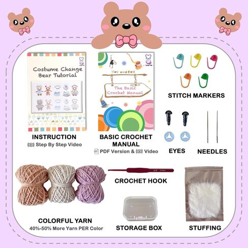 طقم Crochet Loopmap للمبتدئين-DIY Amigurumi Bear مع فستان وملحقات قابلة للإزالة ، دروس فيديو خطوة بخطوة ، غزل إضافي ، أدوات الكروشيه ، هدية مصنوعة يدويًا للأطفال والكبار (الدب الأصفر) in Kuwait