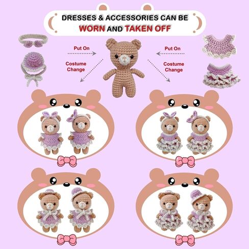 طقم Crochet Loopmap للمبتدئين-DIY Amigurumi Bear مع فستان وملحقات قابلة للإزالة ، دروس فيديو خطوة بخطوة ، غزل إضافي ، أدوات الكروشيه ، هدية مصنوعة يدويًا للأطفال والكبار (الدب الأصفر) in Kuwait