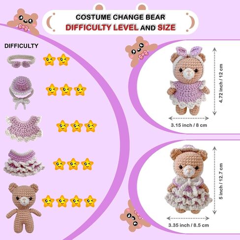 طقم Crochet Loopmap للمبتدئين-DIY Amigurumi Bear مع فستان وملحقات قابلة للإزالة ، دروس فيديو خطوة بخطوة ، غزل إضافي ، أدوات الكروشيه ، هدية مصنوعة يدويًا للأطفال والكبار (الدب الأصفر) in Kuwait