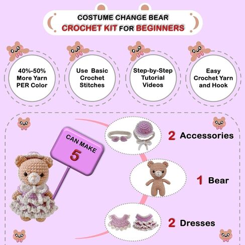 طقم Crochet Loopmap للمبتدئين-DIY Amigurumi Bear مع فستان وملحقات قابلة للإزالة ، دروس فيديو خطوة بخطوة ، غزل إضافي ، أدوات الكروشيه ، هدية مصنوعة يدويًا للأطفال والكبار (الدب الأصفر) in Kuwait