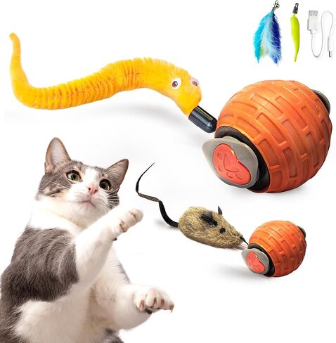 Motion Activated Automatic Cat Toys – GlobalSun Speedy Tail 2.0 Interactive Cat Toy Ball with Mouse Tail & 3 Attachments, USB-Rechargeable Rolling Enrichment Cat Toys for Indoor Cats in Saudi Arabia