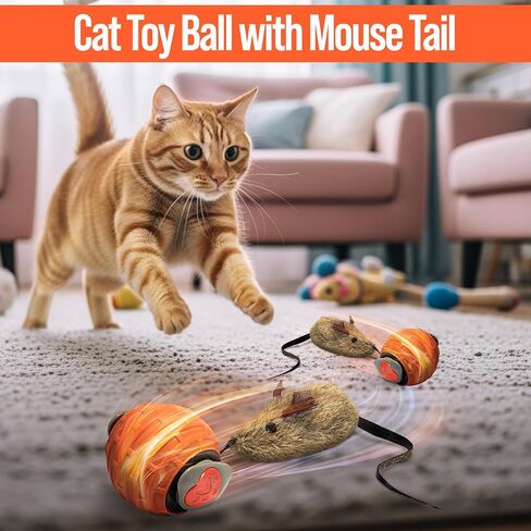 Motion Activated Automatic Cat Toys – GlobalSun Speedy Tail 2.0 Interactive Cat Toy Ball with Mouse Tail & 3 Attachments, USB-Rechargeable Rolling Enrichment Cat Toys for Indoor Cats in Saudi Arabia