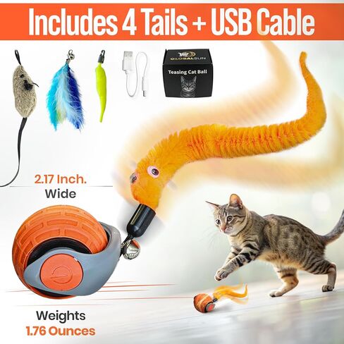 Motion Activated Automatic Cat Toys – GlobalSun Speedy Tail 2.0 Interactive Cat Toy Ball with Mouse Tail & 3 Attachments, USB-Rechargeable Rolling Enrichment Cat Toys for Indoor Cats in Saudi Arabia