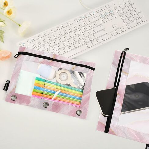 GREDECOR BINDER PENCER POUCH 3 RING PINK GRAY MARBLE MESSURE SHIPPER PUICHES CASE 2 PACK COMSTETIC FASTER in Kuwait