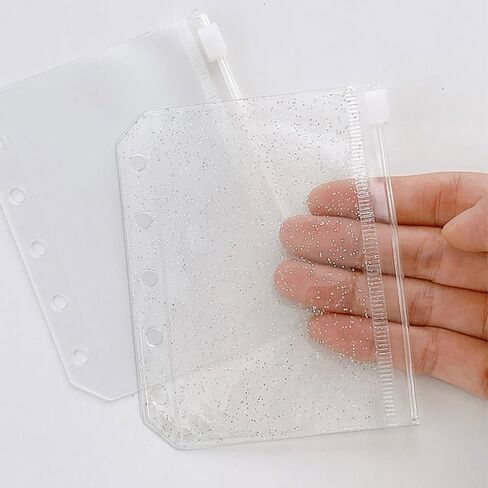 ZORZA 15Pcs 5-Hole Glitter A8 Binder Pockets Waterproof Transparent Zipper Cash Envelopes for Organizing Photos Small Items Mini Clear Makeup Bag in Saudi Arabia