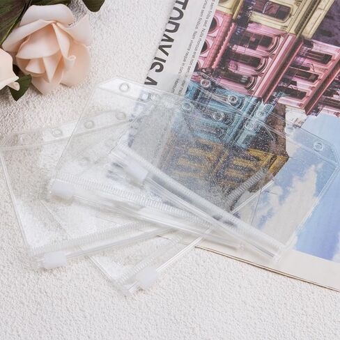 ZORZA 15Pcs 5-Hole Glitter A8 Binder Pockets Waterproof Transparent Zipper Cash Envelopes for Organizing Photos Small Items Mini Clear Makeup Bag in Saudi Arabia