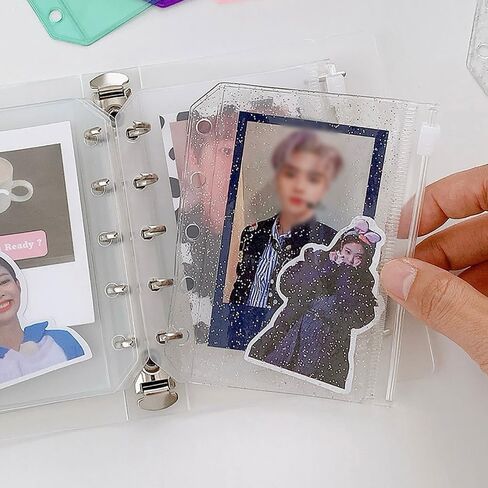 ZORZA 15Pcs 5-Hole Glitter A8 Binder Pockets Waterproof Transparent Zipper Cash Envelopes for Organizing Photos Small Items Mini Clear Makeup Bag in Saudi Arabia