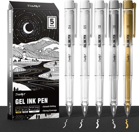 Jusart White Pen ، Gold Pens & Silver Pen مع 0.4 ملم ، 0.5 مم و 1.0 ملم نصائح متنوعة ، أقلام الحبر الغامضة للورق الأسود ، اليومية الحرف اليدوية ، وأقلام الرسم المثالية للفنانين واللوازم الفنية ، 5 حزمة in Kuwait