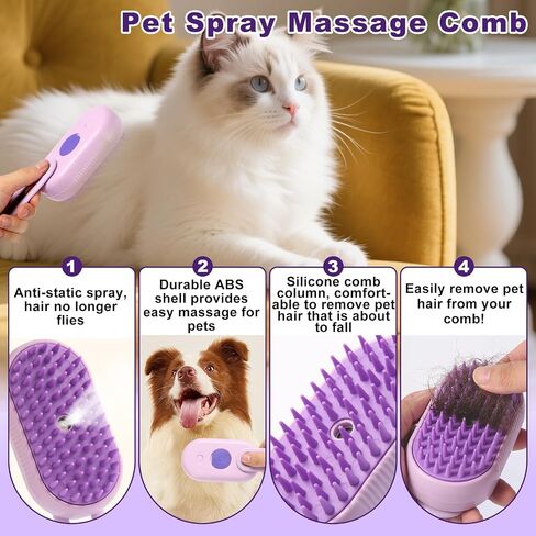 4-in-1 Pet Steam Brush for Dogs & Cats - Anti-Static Deshedding Grooming Tool with Massage & Cleaning for Long/Short Hair | Micro-B Rechargeable (Purple) in Saudi Arabia