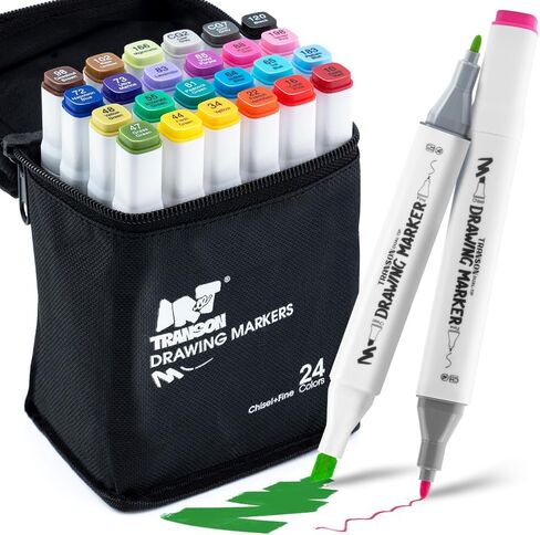 TRANSON Alcohol Markers for Drawing Coloring 24 Colors Dual-tip Fine and Chisel Tips in Saudi Arabia