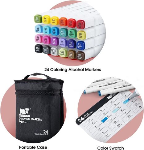 TRANSON Alcohol Markers for Drawing Coloring 24 Colors Dual-tip Fine and Chisel Tips in Saudi Arabia