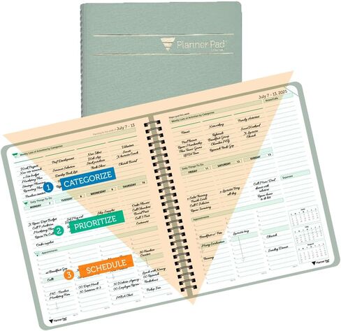 Planner Pad Spiral Bound 3-Tier Funnel Down 12 Month Organizer, July 2025 – June 2026 / Academic Year, Greenish Grey Cover/Soft Green Ink, 6 3/4" x 8 1/2" in Kuwait