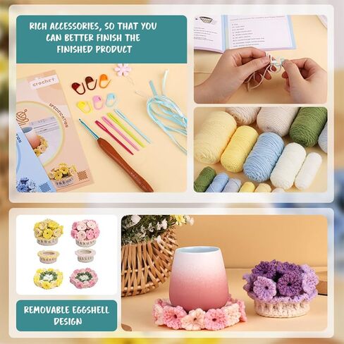 KyeeaDIY Crochet Kit for Beginners, Crochet Starter Kits, Coaster Flower Knitting Crocheting Kits with Step-by-Step Video Tutorials, Complete Crochet Kit for Adults Decoration in Kuwait