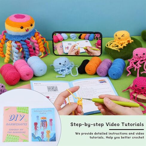 Kyeeadiy Crochet Kit للمبتدئين ، مجموعات بداية الكروشيه ، كوستر زهرة حياكة الكروشيه مع دروس فيديو خطوة بخطوة ، مجموعة الكروشيه كاملة لزخارف البالغين in Saudi Arabia