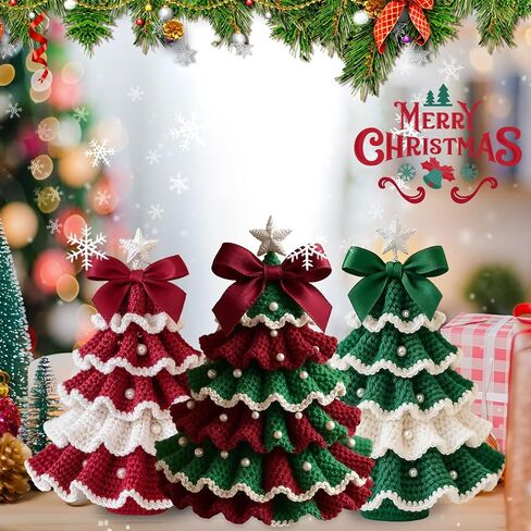 DIY Crochet Christmas Tree Kit - Handmade Holiday Crochet Christmas Decoration Set, Christmas Tree Bow Pearl Embellishment, Beginner Craft Crochet Kit (A) in Saudi Arabia