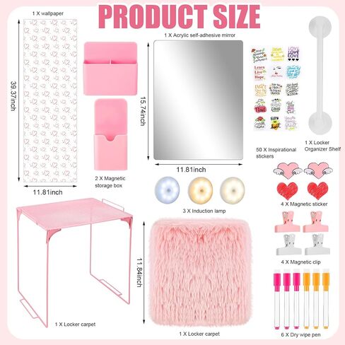 73 Pcs Pink Locker Accessories Set Back to School Essentials Decorations for Girls Includes Locker Shelf, Self Adhesive Mirror, Rug, Pen Holder, Markers and Magnets in Saudi Arabia