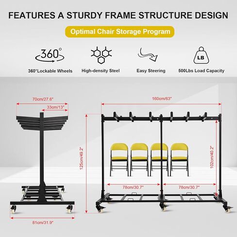 Folding Chair Cart Storage Rack Thickened Two Tier Heavy Duty Folding Table Chair Racks for Storage with Locking Rubber Wheels can Withstand 800LBS Capacity in Saudi Arabia