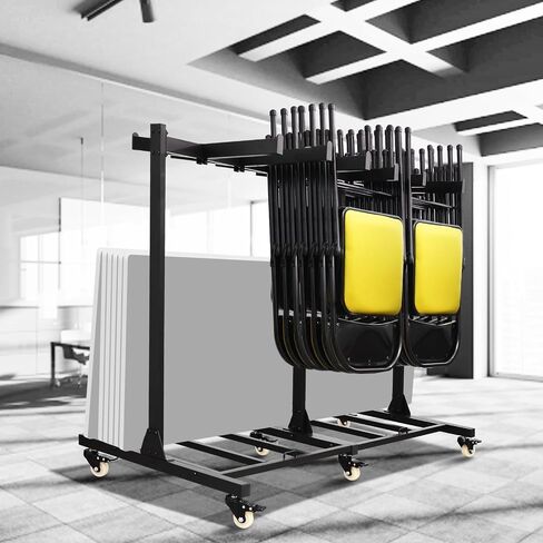 Folding Chair Cart Storage Rack Thickened Two Tier Heavy Duty Folding Table Chair Racks for Storage with Locking Rubber Wheels can Withstand 800LBS Capacity in Saudi Arabia