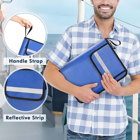 Boat Document Holder, Waterproof Travel Document Folder with 6 Expandable Folders for A4 Papers, with 1 Handle Loop, Reflective Strip and Customized Name Frame, Patented Design in Saudi Arabia