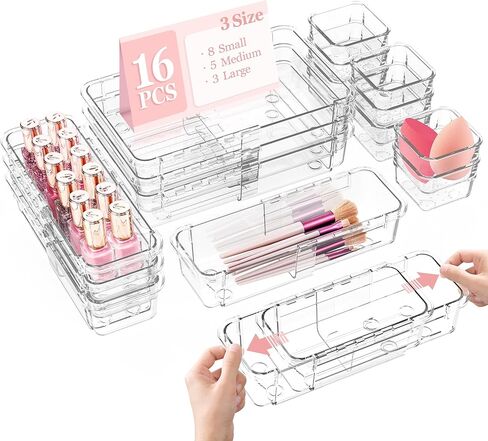 DILIBRA 16 Pcs Clear Extendable Drawer Organizer, Adjustable Drawer Storage 3-Size Desk Drawer Organizer, Plastic Non-Slip Storage Bins for Makeup, Cosmetic, Jewelries, Utensils, Stationery, Dressers in Kuwait