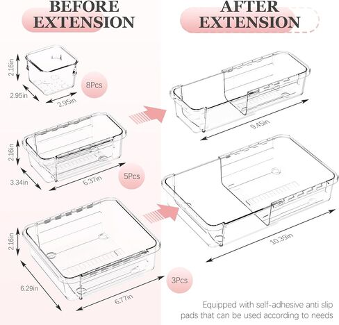 DILIBRA 16 Pcs Clear Extendable Drawer Organizer, Adjustable Drawer Storage 3-Size Desk Drawer Organizer, Plastic Non-Slip Storage Bins for Makeup, Cosmetic, Jewelries, Utensils, Stationery, Dressers in Kuwait