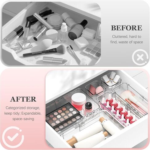 DILIBRA 16 Pcs Clear Extendable Drawer Organizer, Adjustable Drawer Storage 3-Size Desk Drawer Organizer, Plastic Non-Slip Storage Bins for Makeup, Cosmetic, Jewelries, Utensils, Stationery, Dressers in Kuwait