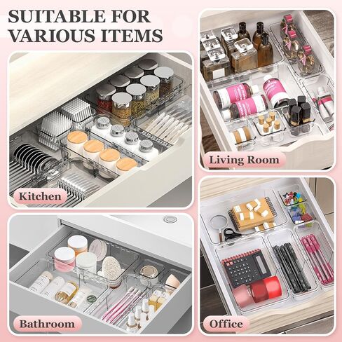 DILIBRA 16 Pcs Clear Extendable Drawer Organizer, Adjustable Drawer Storage 3-Size Desk Drawer Organizer, Plastic Non-Slip Storage Bins for Makeup, Cosmetic, Jewelries, Utensils, Stationery, Dressers in Kuwait