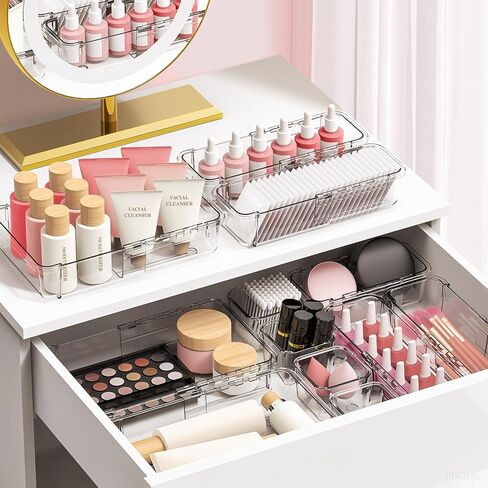 DILIBRA 16 Pcs Clear Extendable Drawer Organizer, Adjustable Drawer Storage 3-Size Desk Drawer Organizer, Plastic Non-Slip Storage Bins for Makeup, Cosmetic, Jewelries, Utensils, Stationery, Dressers in Kuwait
