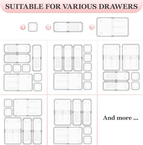DILIBRA 16 Pcs Clear Extendable Drawer Organizer, Adjustable Drawer Storage 3-Size Desk Drawer Organizer, Plastic Non-Slip Storage Bins for Makeup, Cosmetic, Jewelries, Utensils, Stationery, Dressers in Kuwait