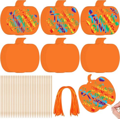 Liliful 60 Set Thanksgiving Scratch Crafts for Kids Colorful Pumpkin Scratch Crafts with 30 Wooden Scratch Tools Fall Scratch Art Pumpkin Hanging Art for Autumn Thanksgiving Craft Gifts in Saudi Arabia