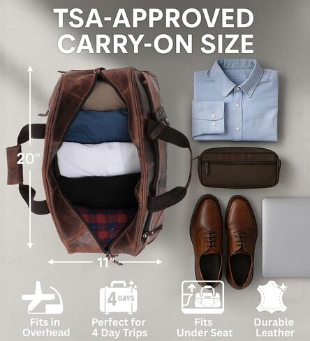 حقيبة دفل جلدية للرجال - حقيبة سفر ليلية في عطلة نهاية الأسبوع مع مقصورتين للأحذية - حقيبة حمل أسفل مقعد الطائرة من راستيك تاون in Kuwait