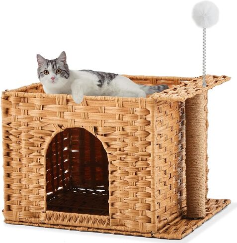 Rattan Cat Litter Box Enclosure Furniture Cat Bed Cave for Indoor Kitten Handwoven Hidden Pet Cube House with Fluffy Ball, Sisal Post for Living Room Bedroom, 18.5 x 13.78 x 12.6 Inches in Kuwait