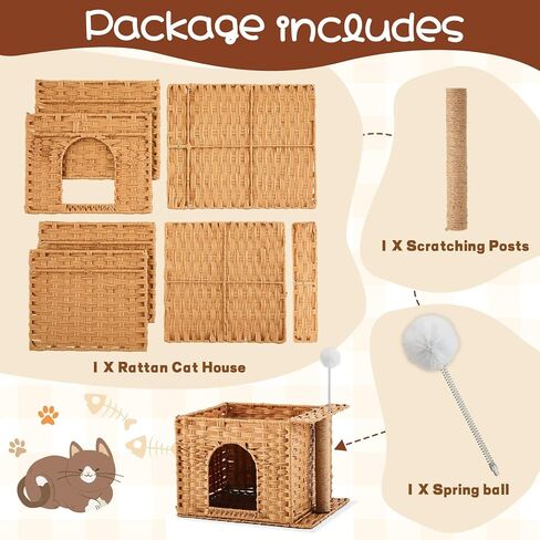 Rattan Cat Litter Box Enclosure Furniture Cat Bed Cave for Indoor Kitten Handwoven Hidden Pet Cube House with Fluffy Ball, Sisal Post for Living Room Bedroom, 18.5 x 13.78 x 12.6 Inches in Kuwait