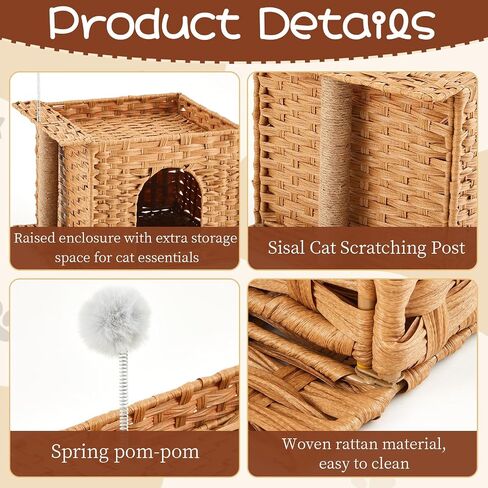 Rattan Cat Litter Box Enclosure Furniture Cat Bed Cave for Indoor Kitten Handwoven Hidden Pet Cube House with Fluffy Ball, Sisal Post for Living Room Bedroom, 18.5 x 13.78 x 12.6 Inches in Kuwait