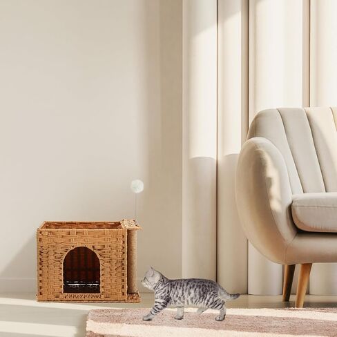 Rattan Cat Litter Box Enclosure Furniture Cat Bed Cave for Indoor Kitten Handwoven Hidden Pet Cube House with Fluffy Ball, Sisal Post for Living Room Bedroom, 18.5 x 13.78 x 12.6 Inches in Kuwait