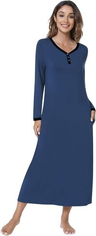 NACHILA المرأة ثوب النوم الخيزران قمصان النوم طويلة الأكمام ملابس خاصة كامل طول هينلي فستان النوم S-4XL in Kuwait