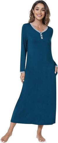 NACHILA Women's Nightgown Bamboo Sleepshirts Long Sleeve Sleepwear Full Length Henley Sleep Dress S-4XL in Kuwait