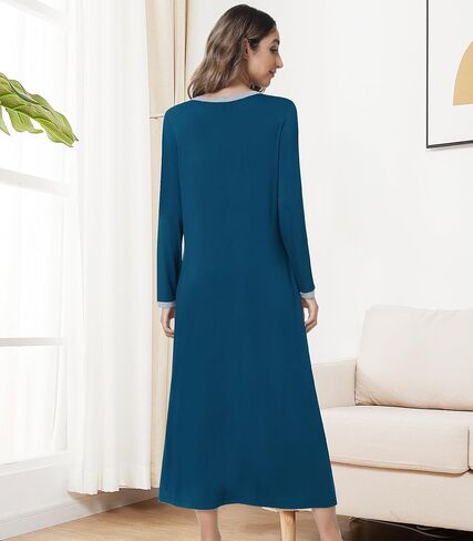 NACHILA Women's Nightgown Bamboo Sleepshirts Long Sleeve Sleepwear Full Length Henley Sleep Dress S-4XL in Kuwait