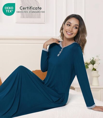 NACHILA Women's Nightgown Bamboo Sleepshirts Long Sleeve Sleepwear Full Length Henley Sleep Dress S-4XL in Kuwait