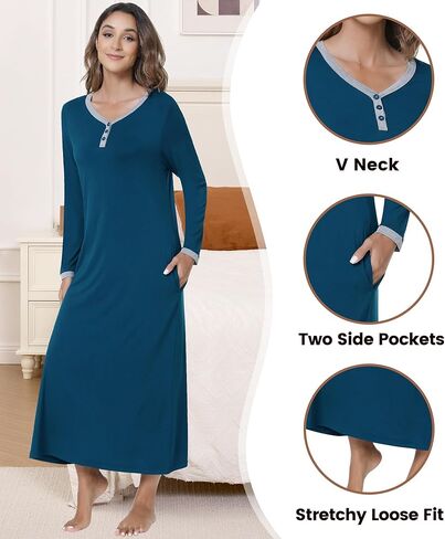 NACHILA Women's Nightgown Bamboo Sleepshirts Long Sleeve Sleepwear Full Length Henley Sleep Dress S-4XL in Kuwait