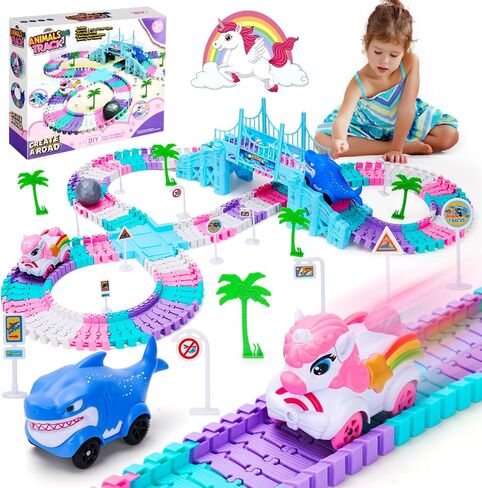 4 5 6 سنوات هدايا عيد ميلاد الفتاة: Unicorn & Shark 194pcs مسار السباق المرن للأطفال الذين تتراوح أعمارهم بين 4-8 | ألعاب سيارة شاحنة وحش للأطفال الصغار 3-6 | Magic يتبع لعبة Toddler Girls Toys العمر 6-8 in Saudi Arabia
