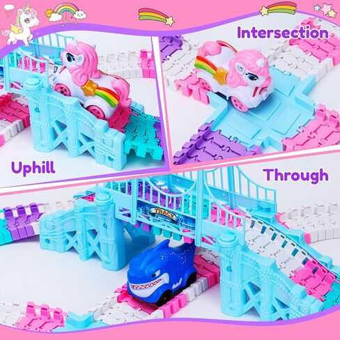 4 5 6 سنوات هدايا عيد ميلاد الفتاة: Unicorn & Shark 194pcs مسار السباق المرن للأطفال الذين تتراوح أعمارهم بين 4-8 | ألعاب سيارة شاحنة وحش للأطفال الصغار 3-6 | Magic يتبع لعبة Toddler Girls Toys العمر 6-8 in Saudi Arabia