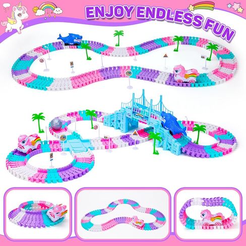 4 5 6 سنوات هدايا عيد ميلاد الفتاة: Unicorn & Shark 194pcs مسار السباق المرن للأطفال الذين تتراوح أعمارهم بين 4-8 | ألعاب سيارة شاحنة وحش للأطفال الصغار 3-6 | Magic يتبع لعبة Toddler Girls Toys العمر 6-8 in Saudi Arabia