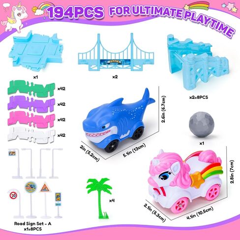 4 5 6 سنوات هدايا عيد ميلاد الفتاة: Unicorn & Shark 194pcs مسار السباق المرن للأطفال الذين تتراوح أعمارهم بين 4-8 | ألعاب سيارة شاحنة وحش للأطفال الصغار 3-6 | Magic يتبع لعبة Toddler Girls Toys العمر 6-8 in Saudi Arabia