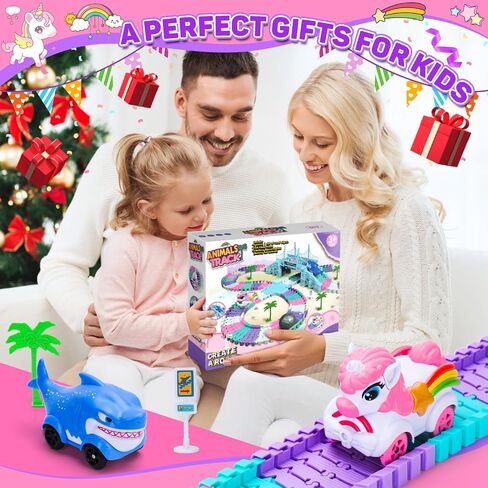 4 5 6 سنوات هدايا عيد ميلاد الفتاة: Unicorn & Shark 194pcs مسار السباق المرن للأطفال الذين تتراوح أعمارهم بين 4-8 | ألعاب سيارة شاحنة وحش للأطفال الصغار 3-6 | Magic يتبع لعبة Toddler Girls Toys العمر 6-8 in Saudi Arabia